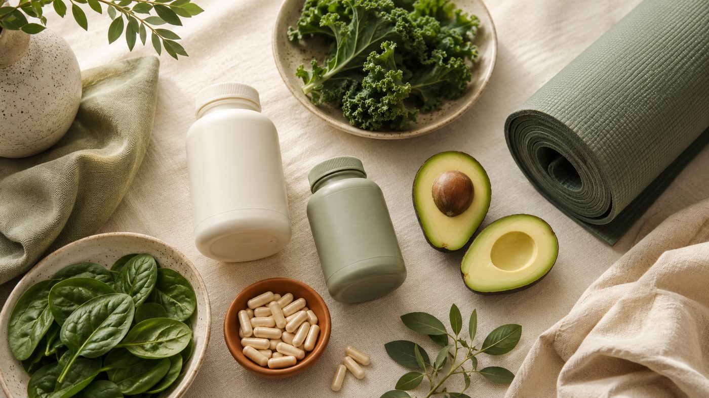 Fertility wellness essentials - supplements, greens, and yoga mat
